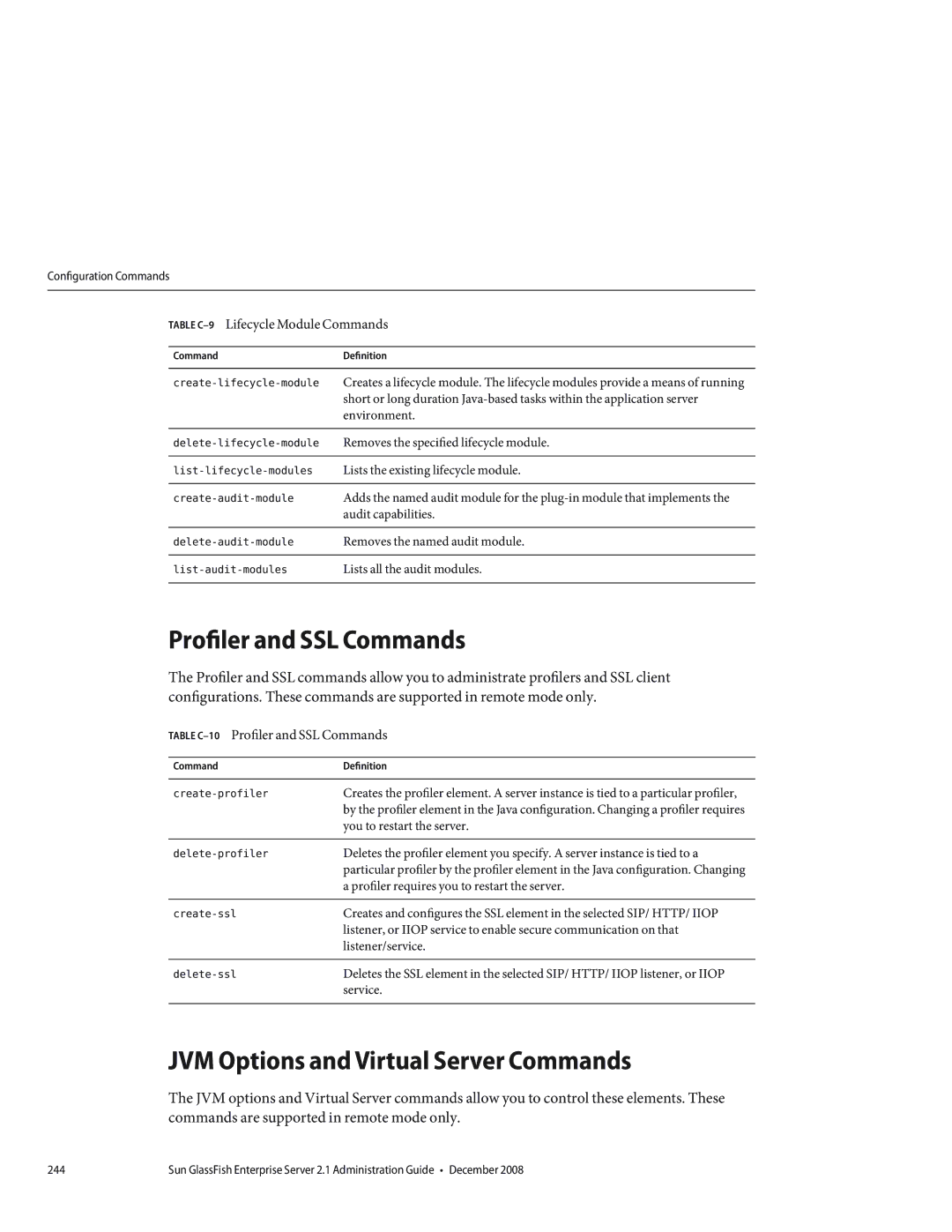 Sun Microsystems 820433510 manual Profiler and SSL Commands, JVM Options and Virtual Server Commands 