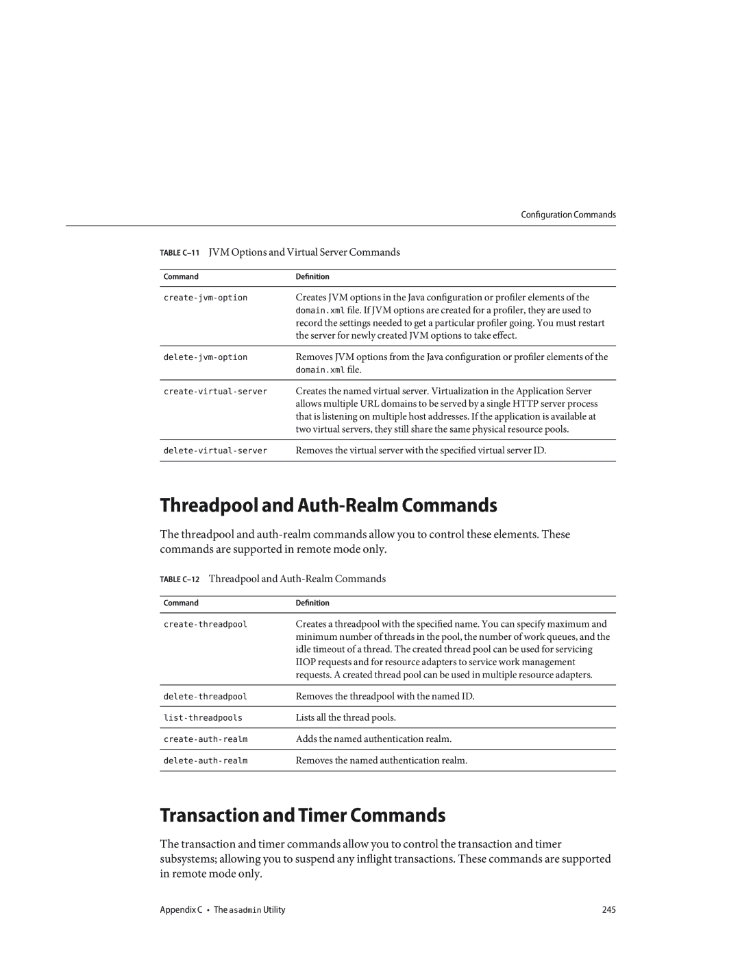 Sun Microsystems 820433510 manual Threadpool and Auth-Realm Commands, Transaction and Timer Commands 