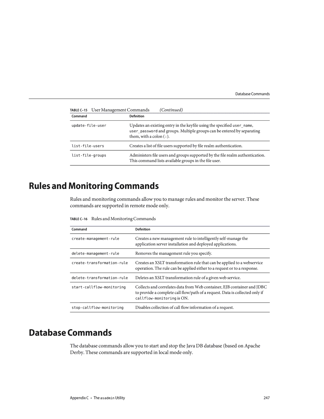 Sun Microsystems 820433510 manual Database Commands, Table C-16Rules and Monitoring Commands 