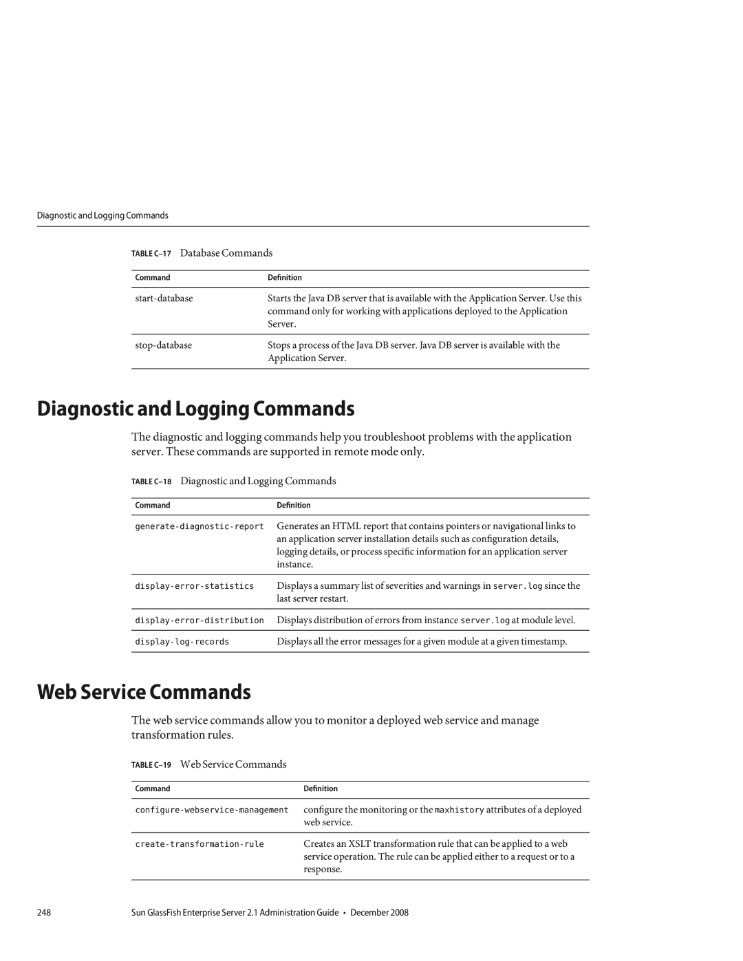 Sun Microsystems 820433510 manual Diagnostic and Logging Commands, Web Service Commands, Table C-17Database Commands 