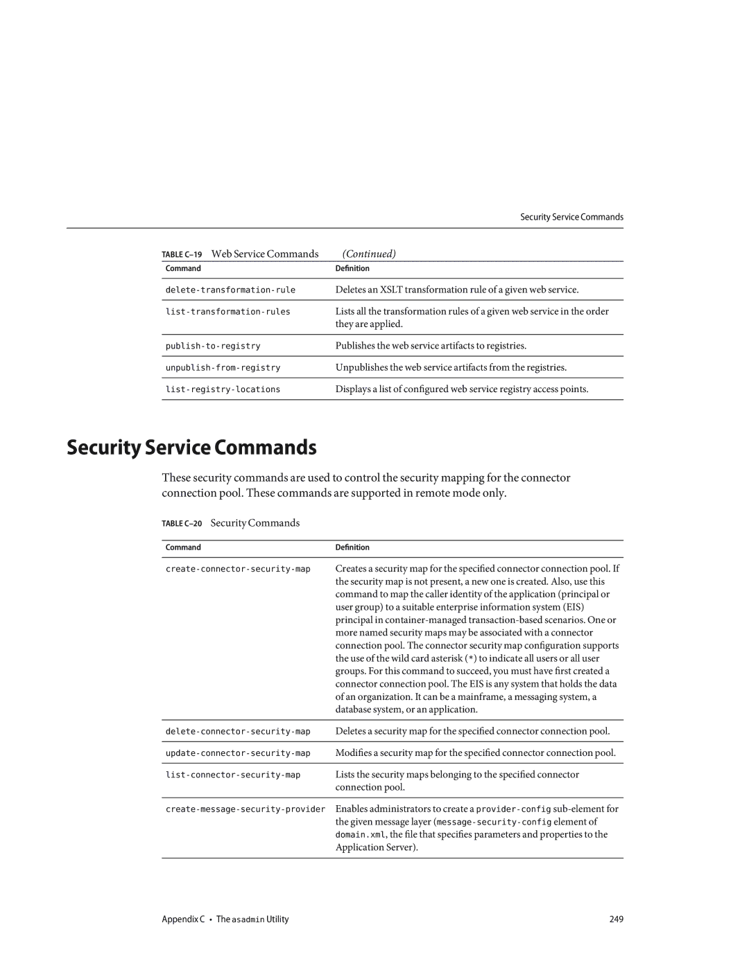 Sun Microsystems 820433510 manual Security Service Commands, Table C-20Security Commands 