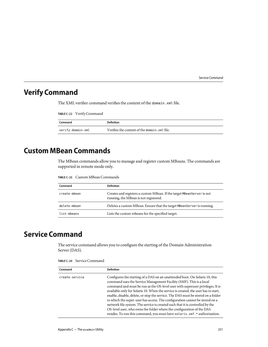 Sun Microsystems 820433510 manual Verify Command, Custom MBean Commands, Service Command 