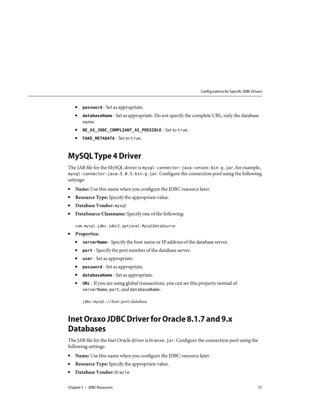 Sun Microsystems 820433510 manual MySQL Type 4 Driver, Inet Oraxo Jdbc Driver for Oracle 8.1.7 and 9.x Databases 