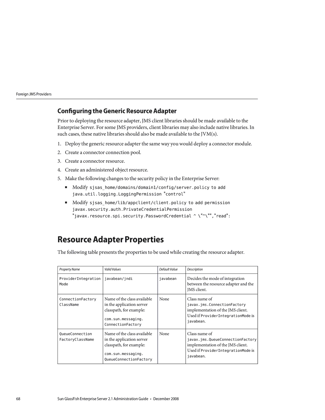 Sun Microsystems 820433510 manual Resource Adapter Properties, Configuring the Generic Resource Adapter 