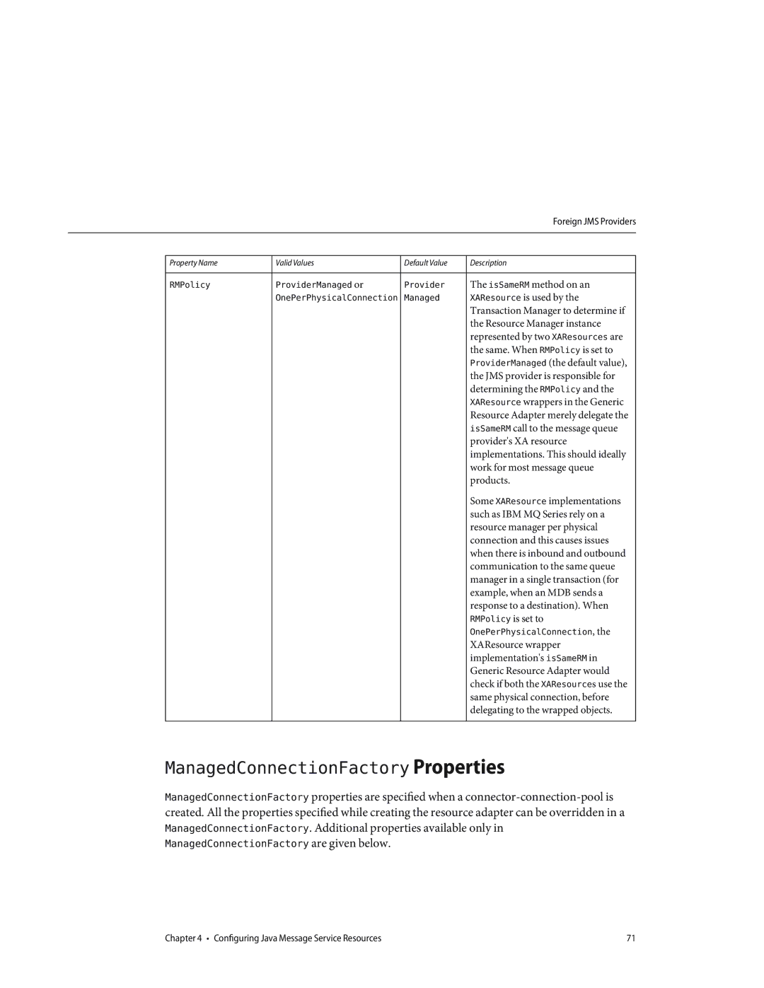 Sun Microsystems 820433510 manual ManagedConnectionFactory Properties 