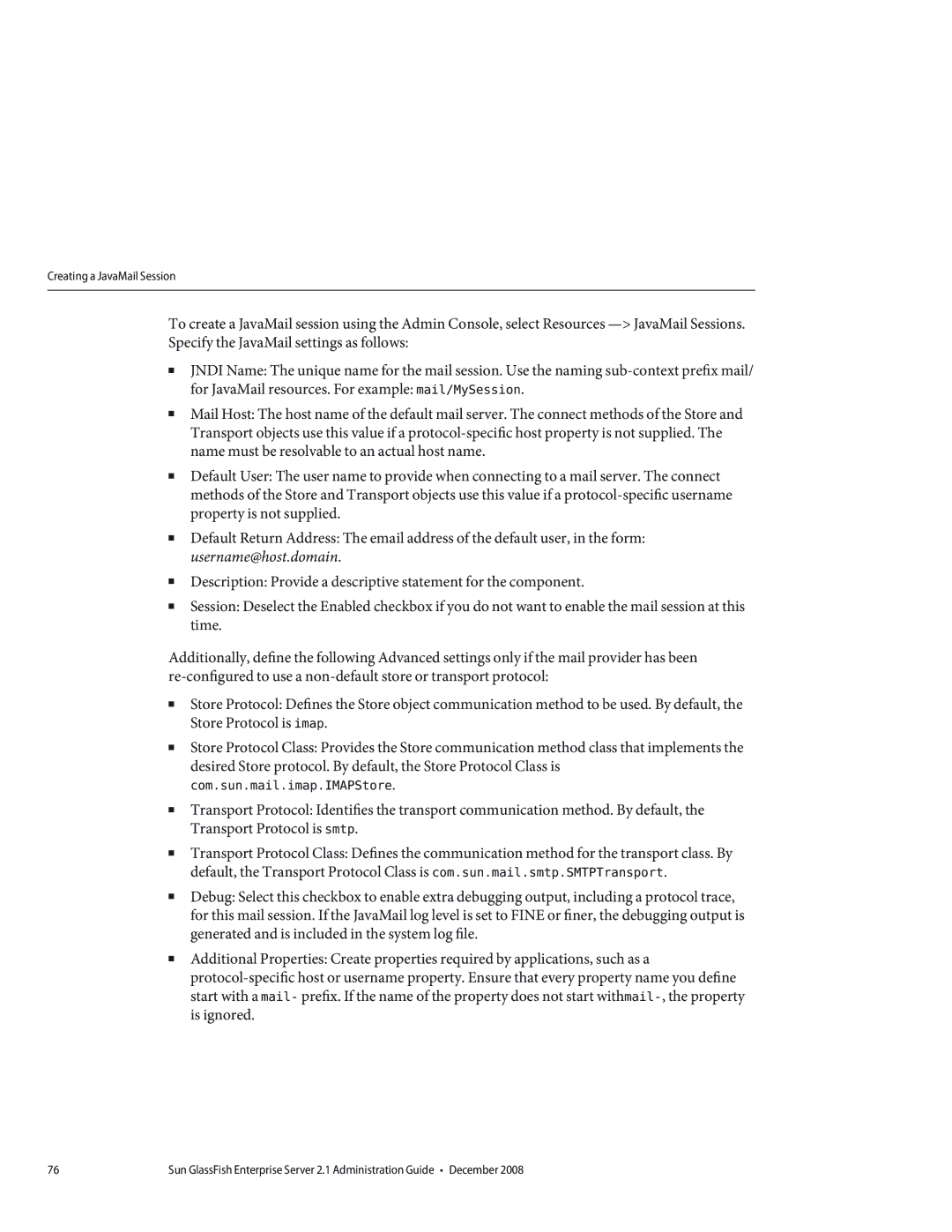 Sun Microsystems 820433510 manual Creating a JavaMail Session 