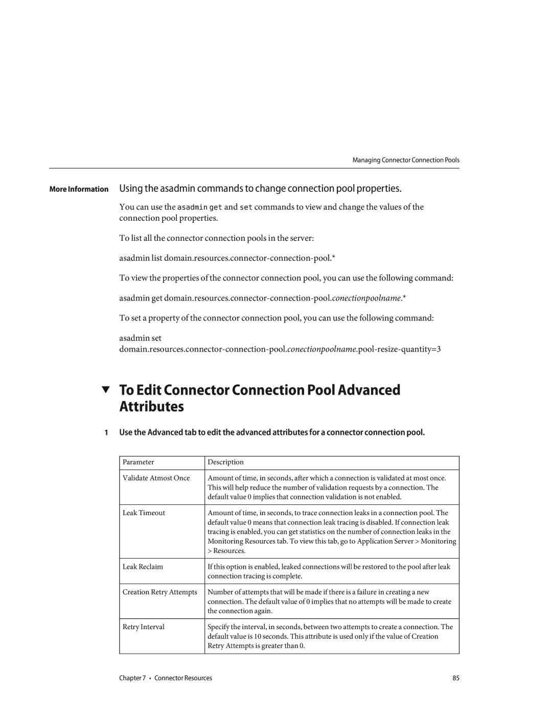 Sun Microsystems 820433510 manual To Edit Connector Connection Pool Advanced Attributes 