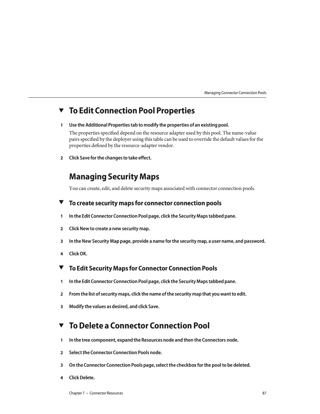 Sun Microsystems 820433510 manual To Edit Connection Pool Properties, Managing Security Maps 