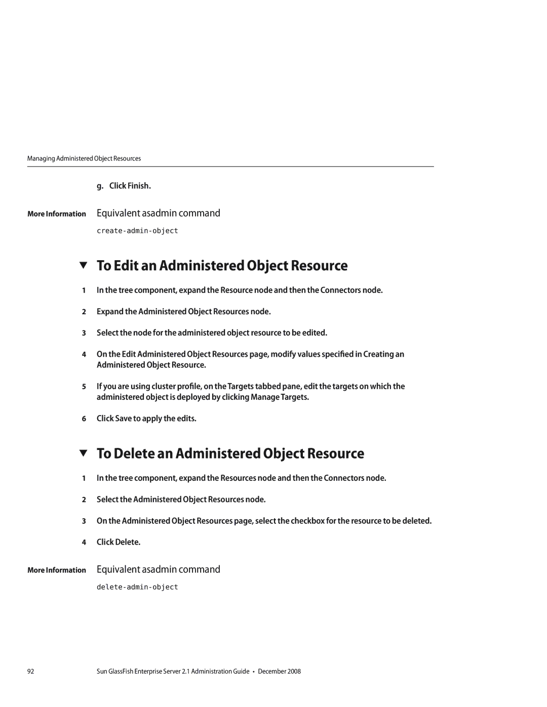 Sun Microsystems 820433510 manual To Edit an Administered Object Resource, To Delete an Administered Object Resource 