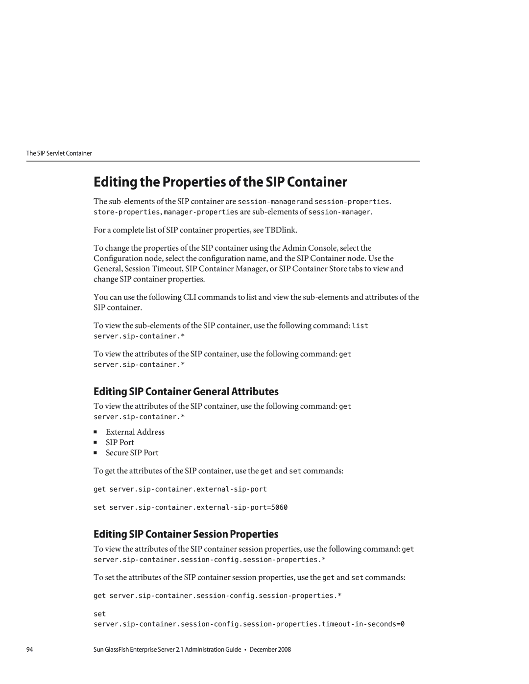 Sun Microsystems 820433510 manual Editing the Properties of the SIP Container, Editing SIP Container General Attributes 