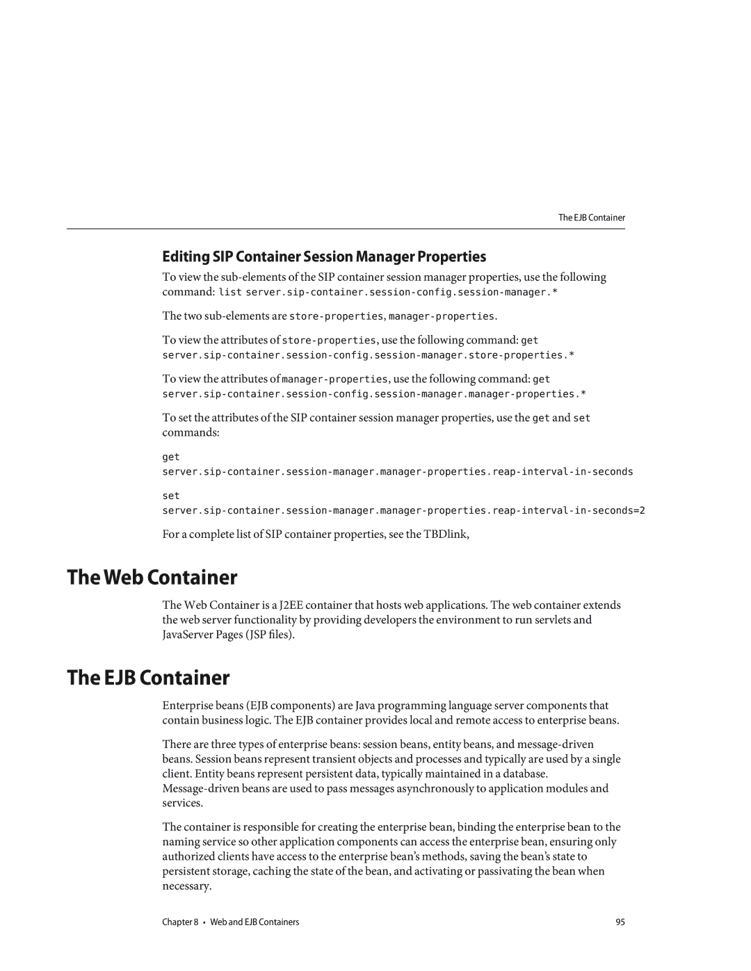 Sun Microsystems 820433510 manual Web Container, EJB Container, Editing SIP Container Session Manager Properties 