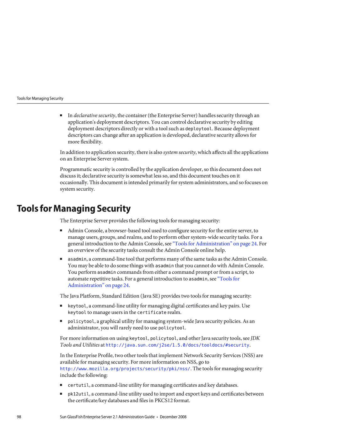 Sun Microsystems 820433510 manual Tools for Managing Security 