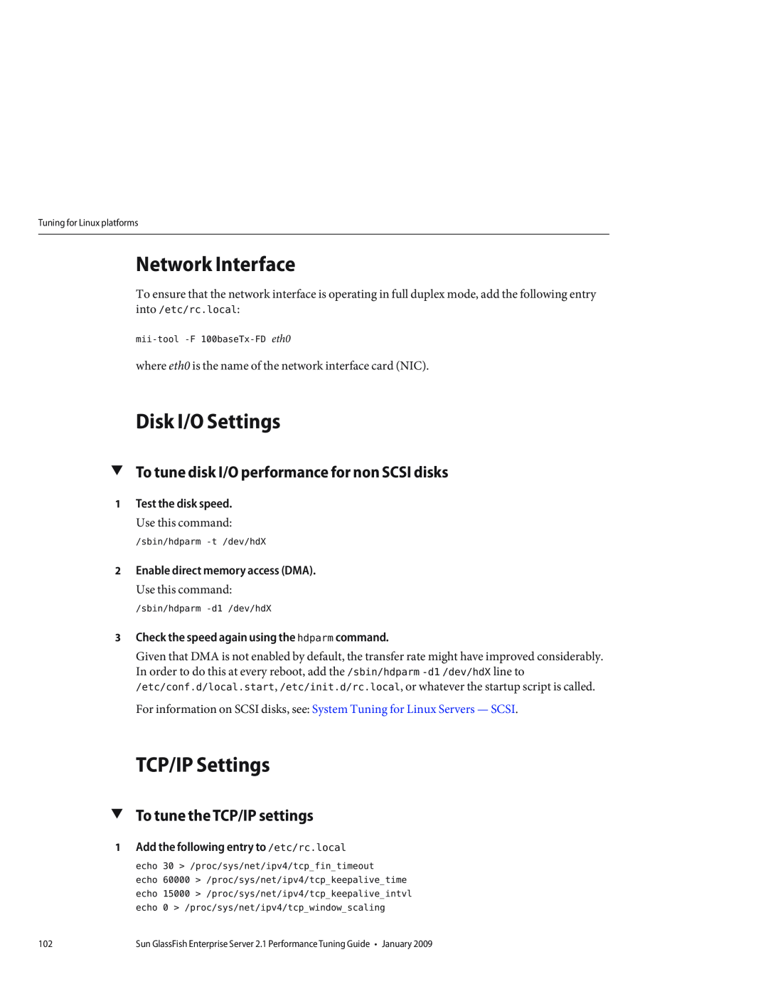 Sun Microsystems 820434310 manual Network Interface, Disk I/O Settings, TCP/IP Settings, To tune the TCP/IP settings 