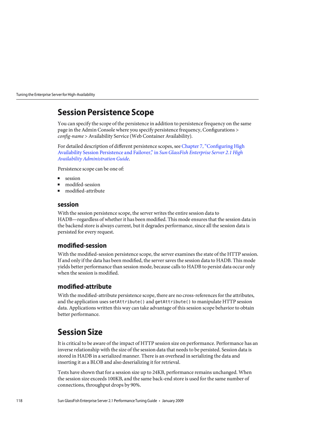 Sun Microsystems 820434310 manual Session Persistence Scope, Session Size, modified-session, modified-attribute 