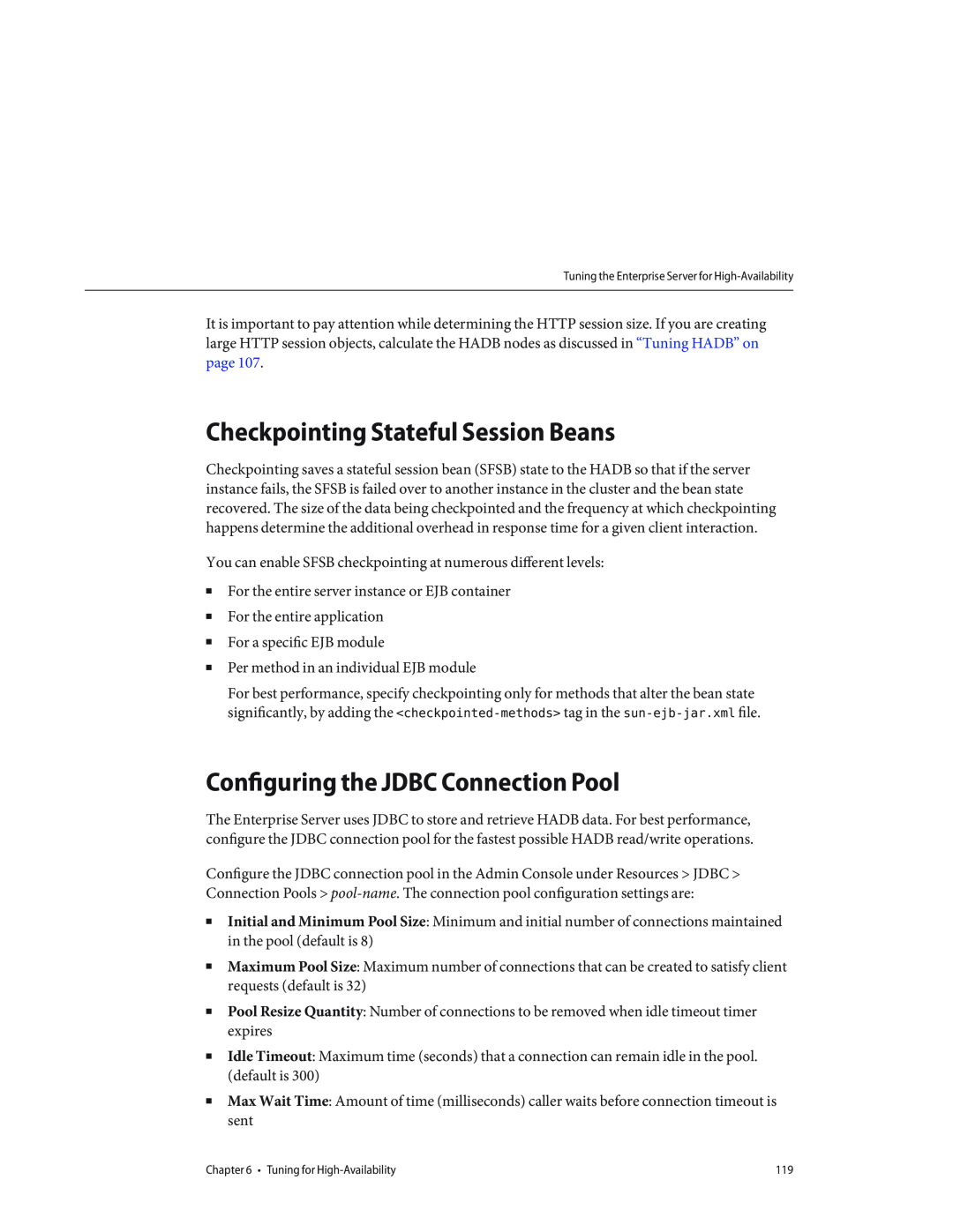 Sun Microsystems 820434310 manual Checkpointing Stateful Session Beans, Configuring the JDBC Connection Pool 