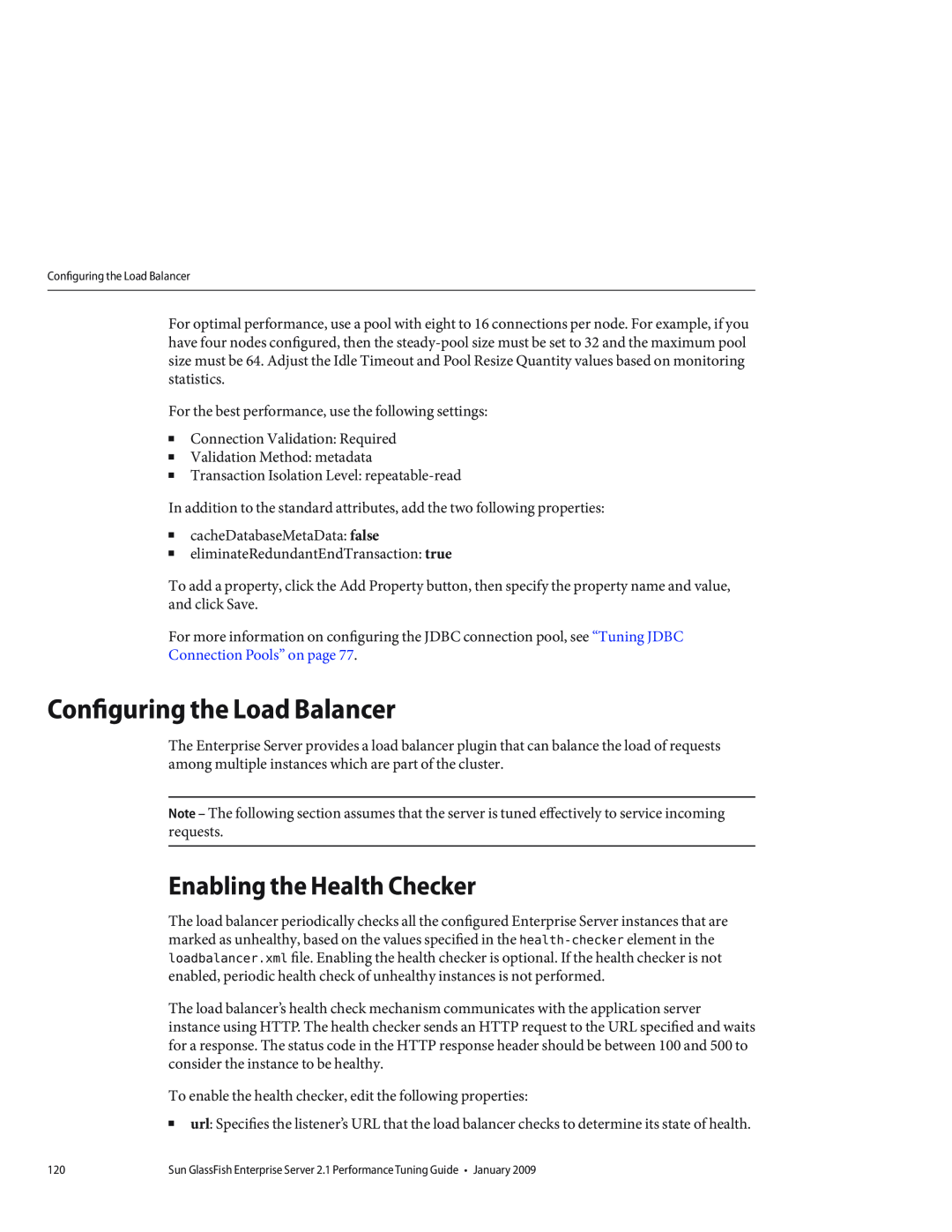 Sun Microsystems 820434310 manual Configuring the Load Balancer, Enabling the Health Checker, Connection Pools” on page 
