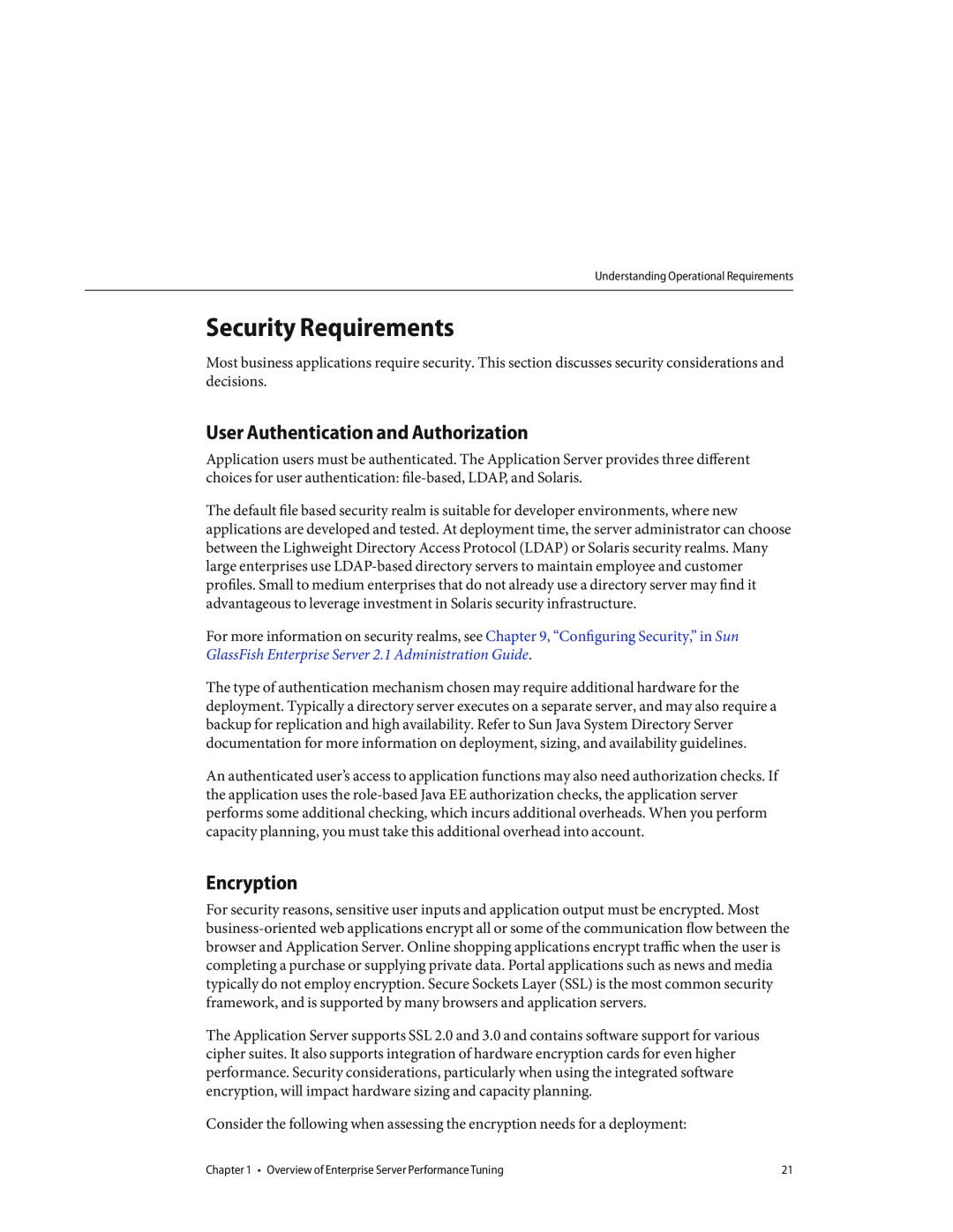 Sun Microsystems 820434310 manual Security Requirements, User Authentication and Authorization, Encryption 