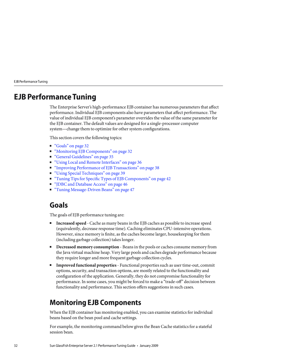 Sun Microsystems 820434310 manual EJB Performance Tuning, Goals, Monitoring EJB Components, “General Guidelines” on page 