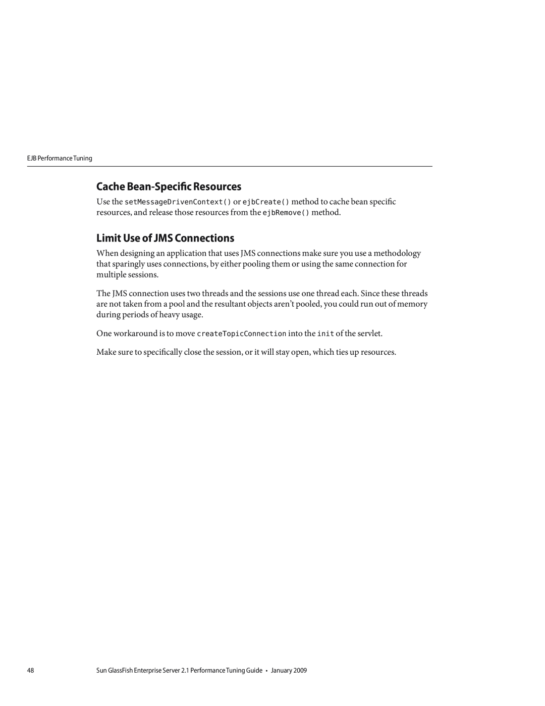 Sun Microsystems 820434310 manual Cache Bean-Specific Resources, Limit Use of JMS Connections 
