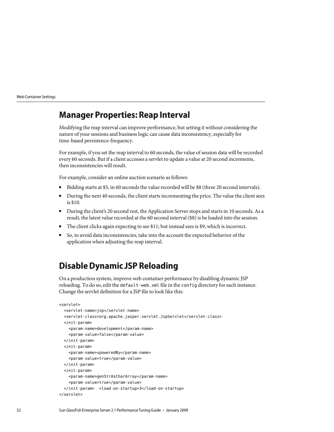 Sun Microsystems 820434310 manual Manager Properties Reap Interval, Disable Dynamic JSP Reloading 