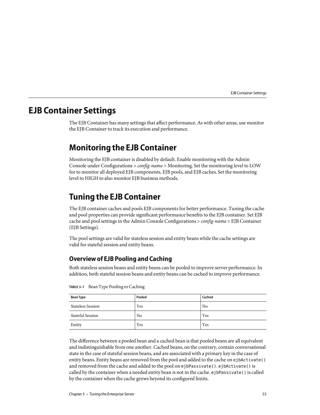 Sun Microsystems 820434310 manual EJB Container Settings, Monitoring the EJB Container, Tuning the EJB Container 