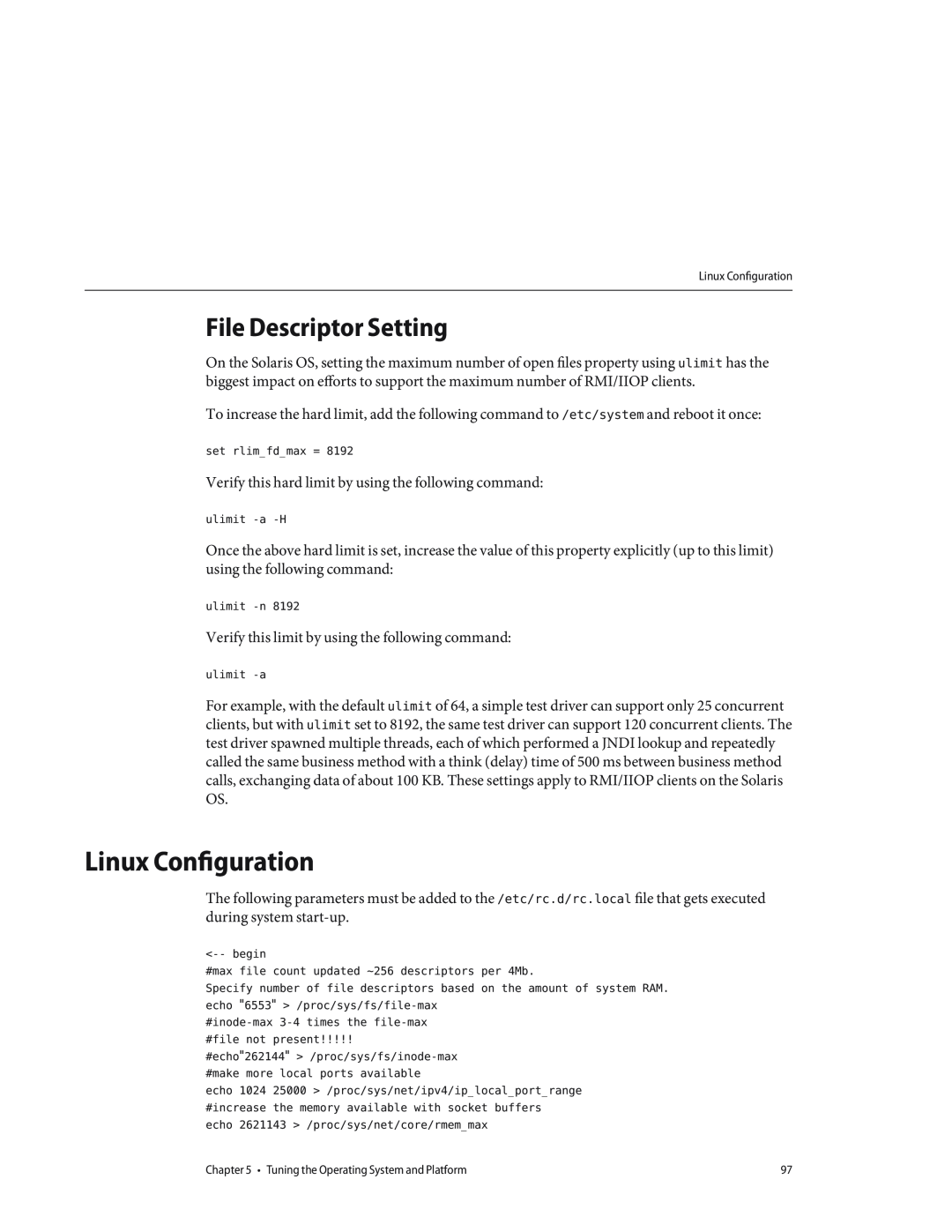 Sun Microsystems 820434310 manual Linux Configuration, File Descriptor Setting 