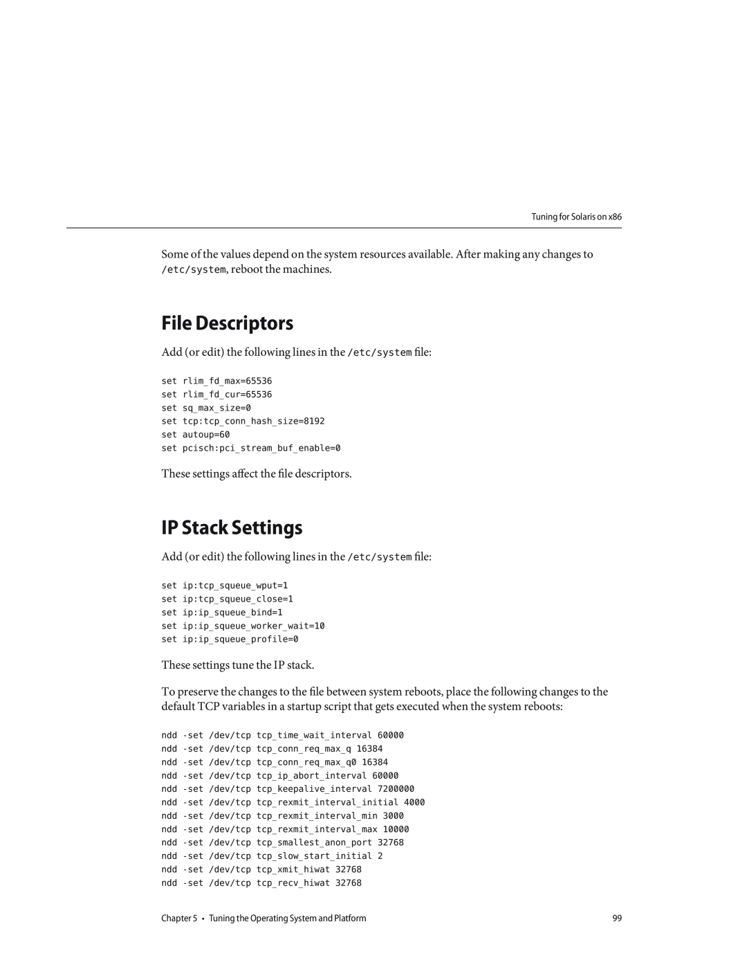 Sun Microsystems 820434310 manual File Descriptors, IP Stack Settings 