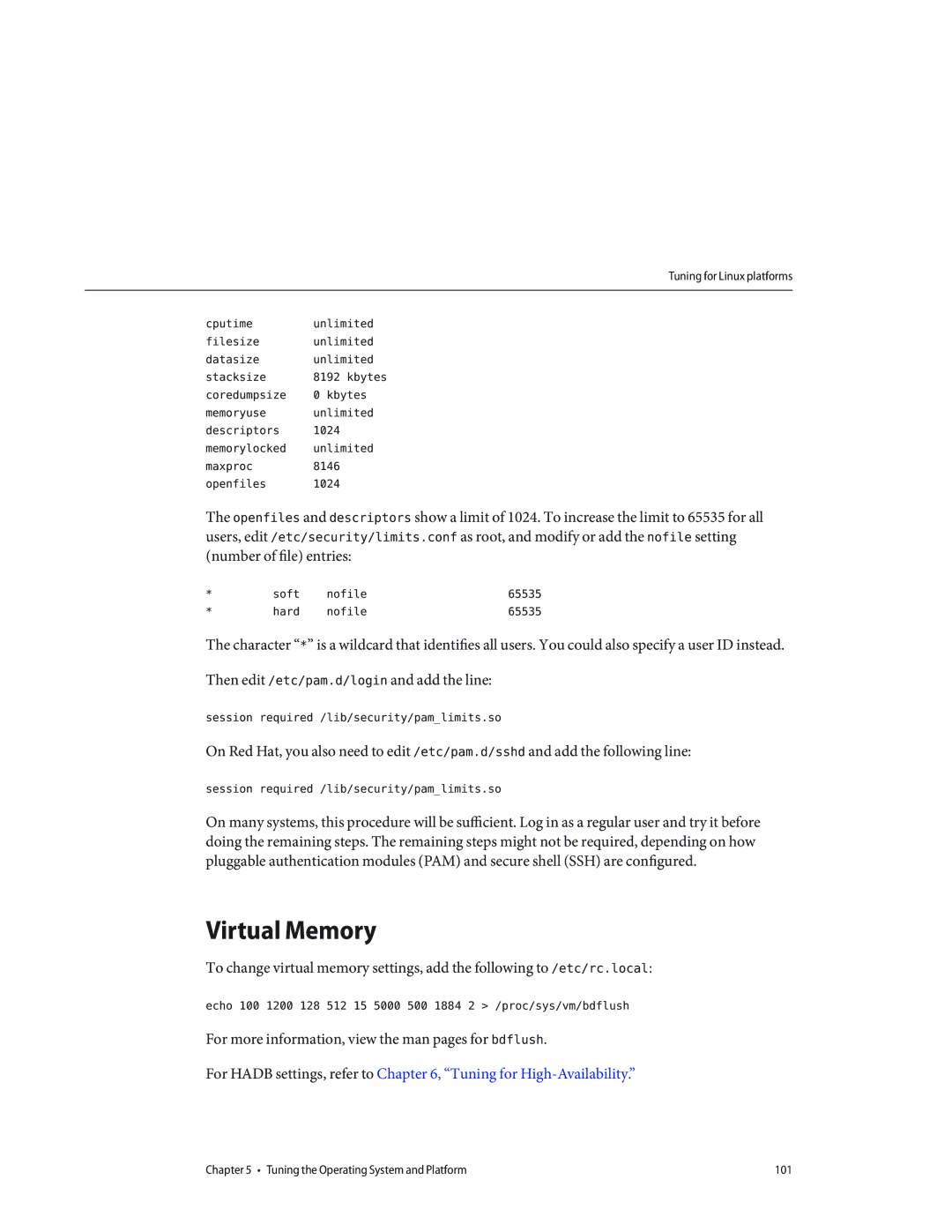 Sun Microsystems 820434310 manual Virtual Memory, Soft Nofile 65535 Hard, Session required /lib/security/pamlimits.so 