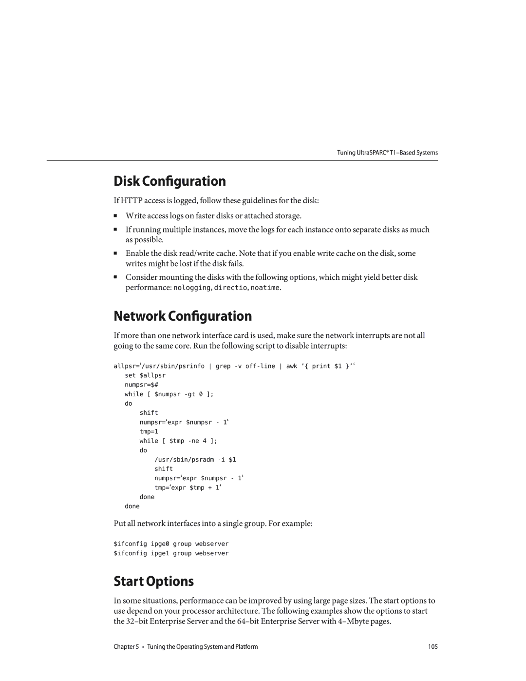 Sun Microsystems 820434310 manual Disk Configuration, Network Configuration, Start Options 