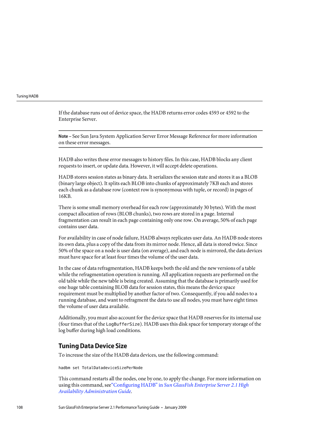Sun Microsystems 820434310 manual Tuning Data Device Size, Hadbm set TotalDatadeviceSizePerNode 