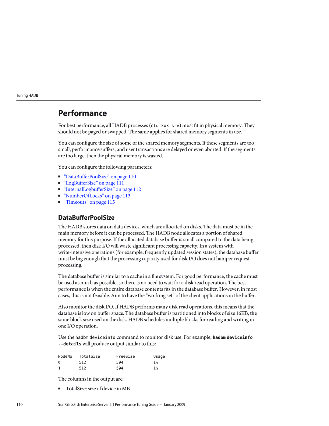 Sun Microsystems 820434310 manual Performance, DataBufferPoolSize, NodeNo TotalSize FreeSize Usage 512 504 