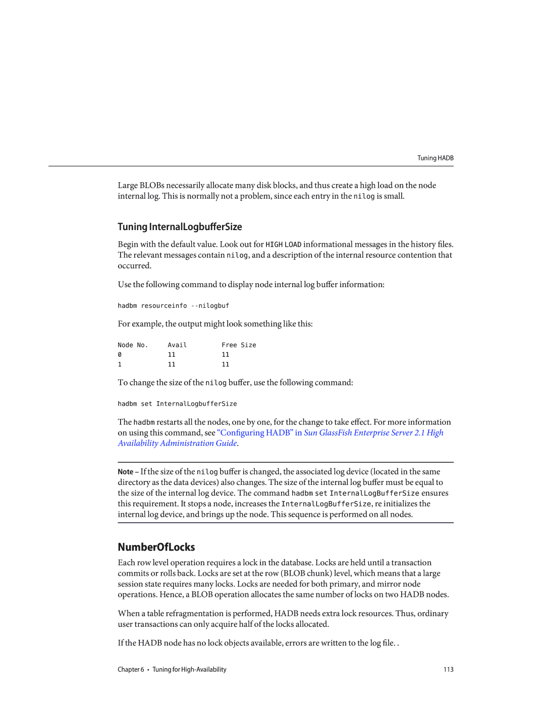 Sun Microsystems 820434310 manual NumberOfLocks, Tuning InternalLogbufferSize, Hadbm resourceinfo --nilogbuf 