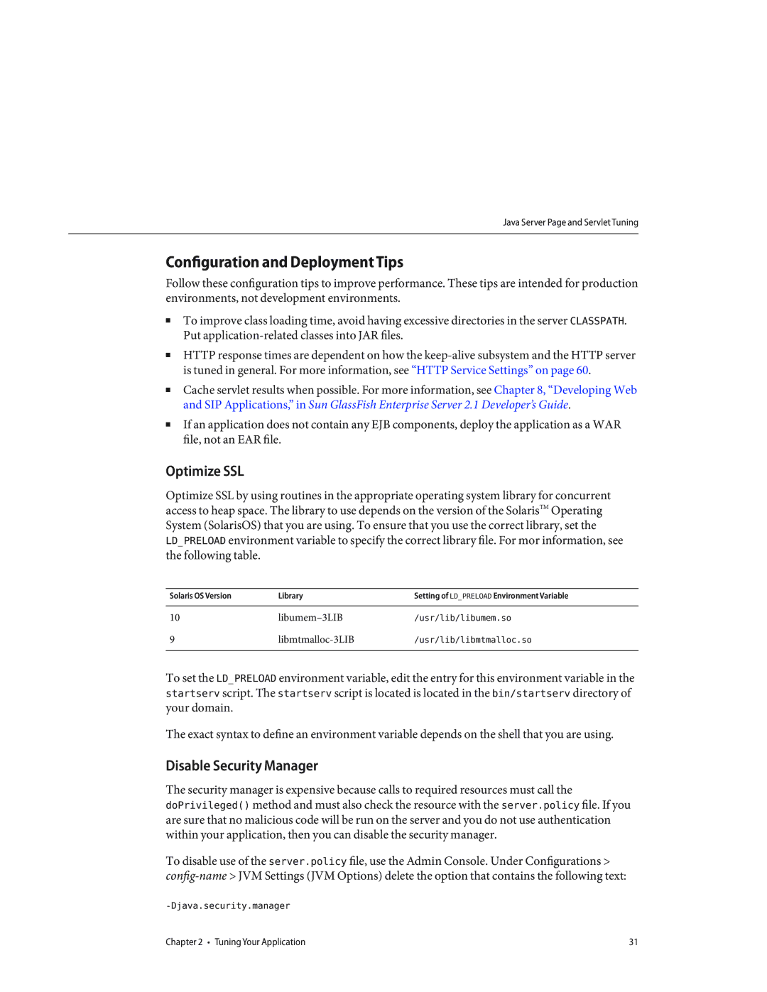 Sun Microsystems 820434310 manual Configuration and Deployment Tips, Optimize SSL, Disable Security Manager 