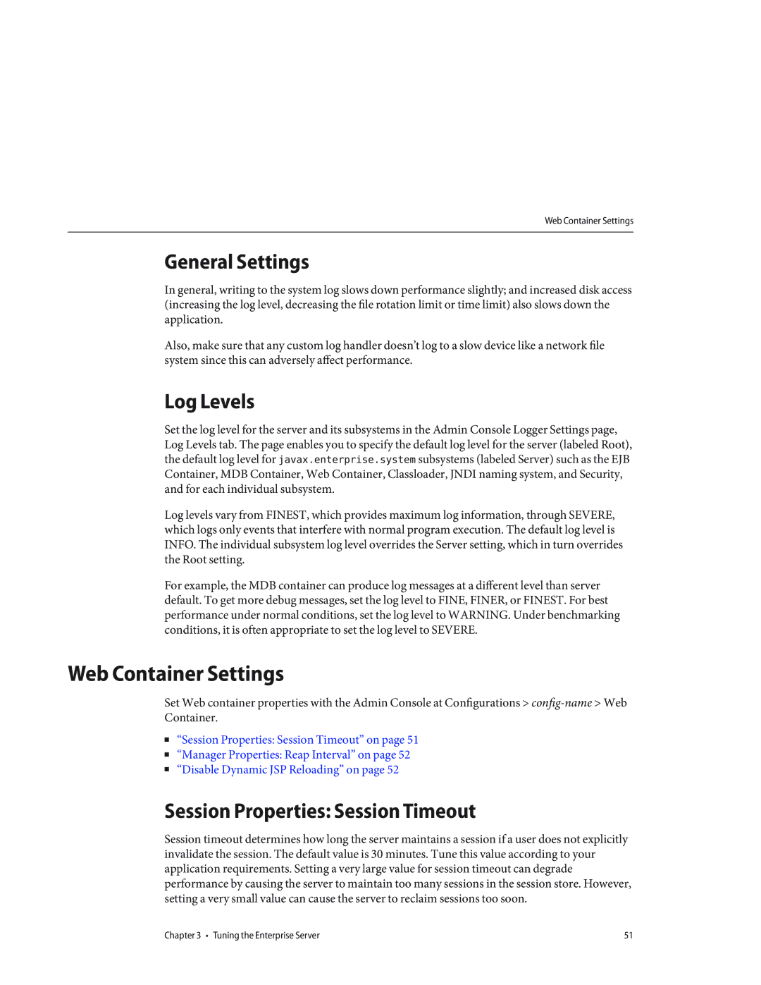 Sun Microsystems 820434310 manual Web Container Settings, General Settings, Log Levels, Session Properties Session Timeout 