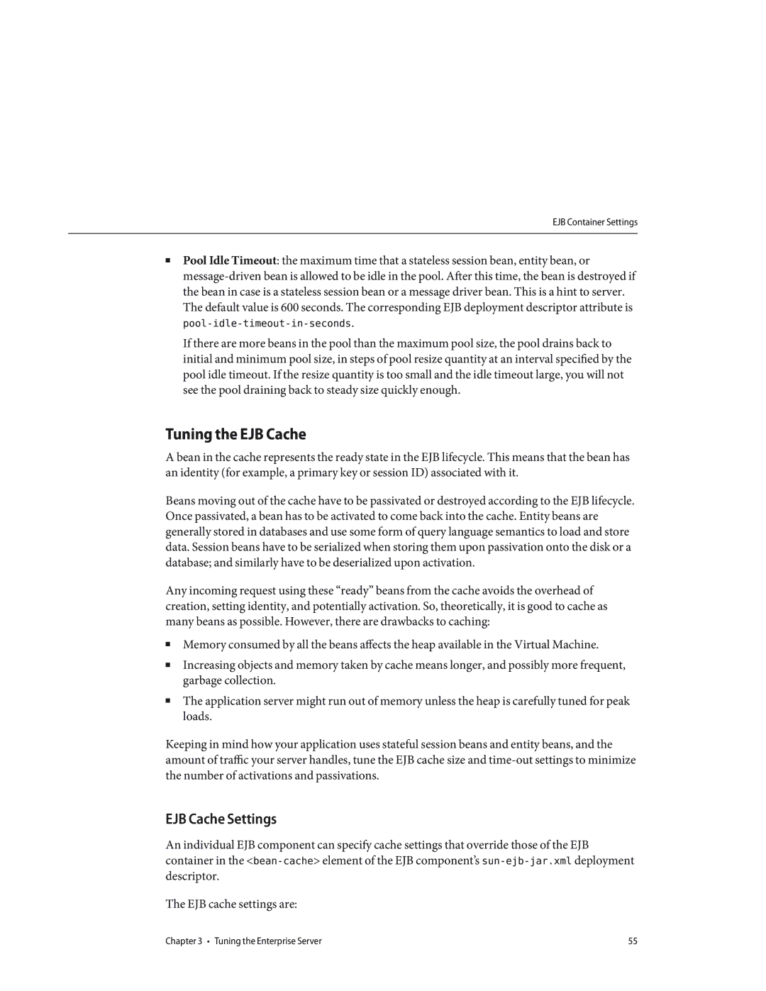 Sun Microsystems 820434310 manual Tuning the EJB Cache, EJB Cache Settings 