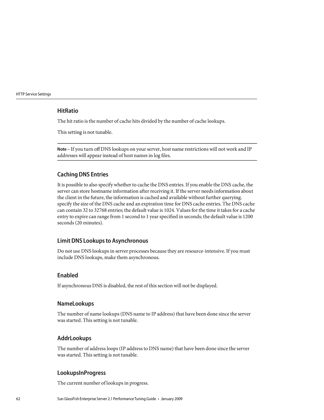 Sun Microsystems 820434310 HitRatio, Caching DNS Entries, Limit DNS Lookups to Asynchronous, NameLookups, AddrLookups 