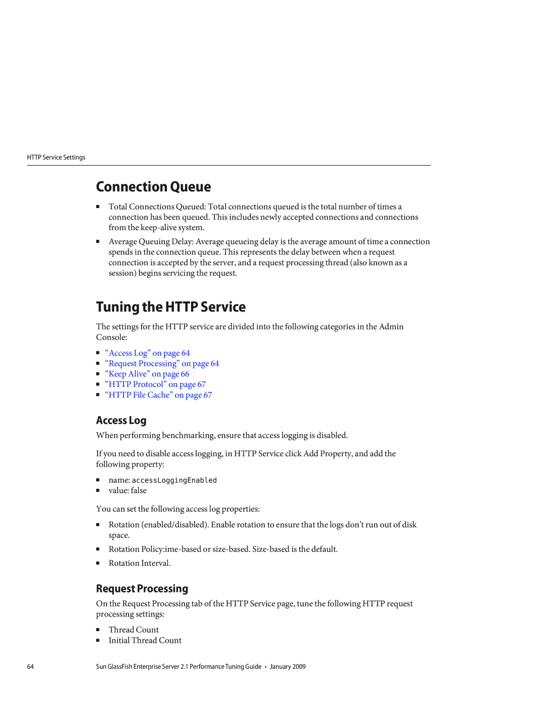 Sun Microsystems 820434310 manual Connection Queue, Tuning the Http Service, Access Log, Request Processing 