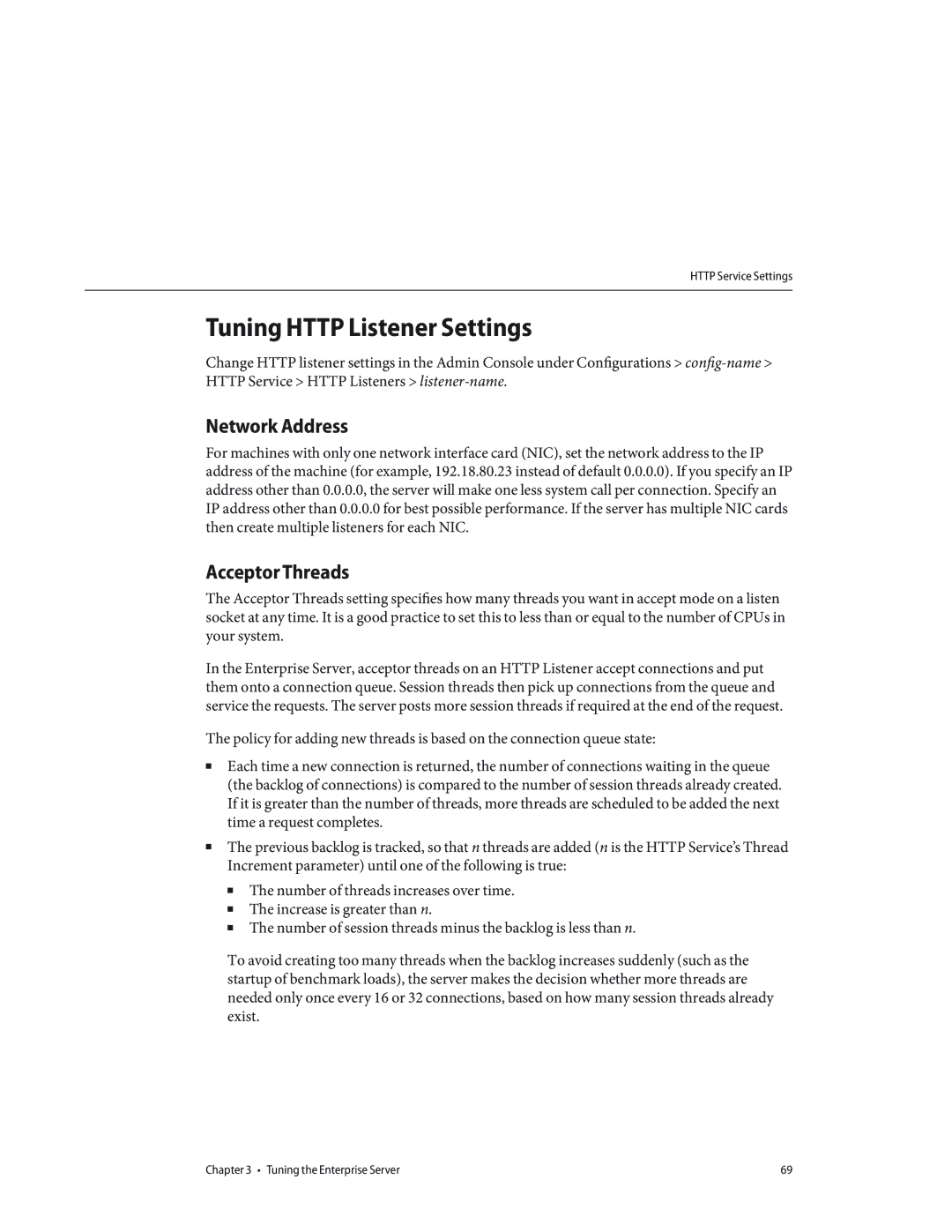 Sun Microsystems 820434310 manual Tuning Http Listener Settings, Network Address, Acceptor Threads 