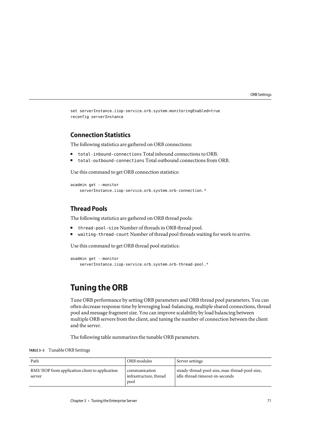 Sun Microsystems 820434310 manual Tuning the ORB, Connection Statistics, Thread Pools, 3Tunable ORB Settings 