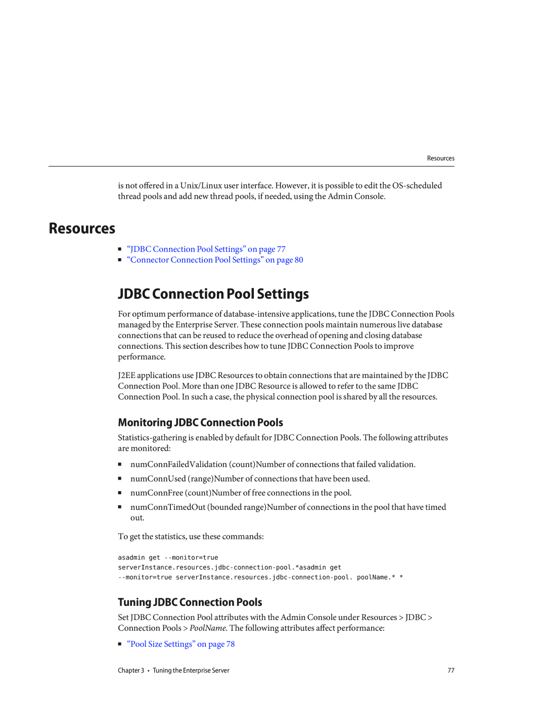 Sun Microsystems 820434310 manual Resources, Jdbc Connection Pool Settings, Monitoring Jdbc Connection Pools 