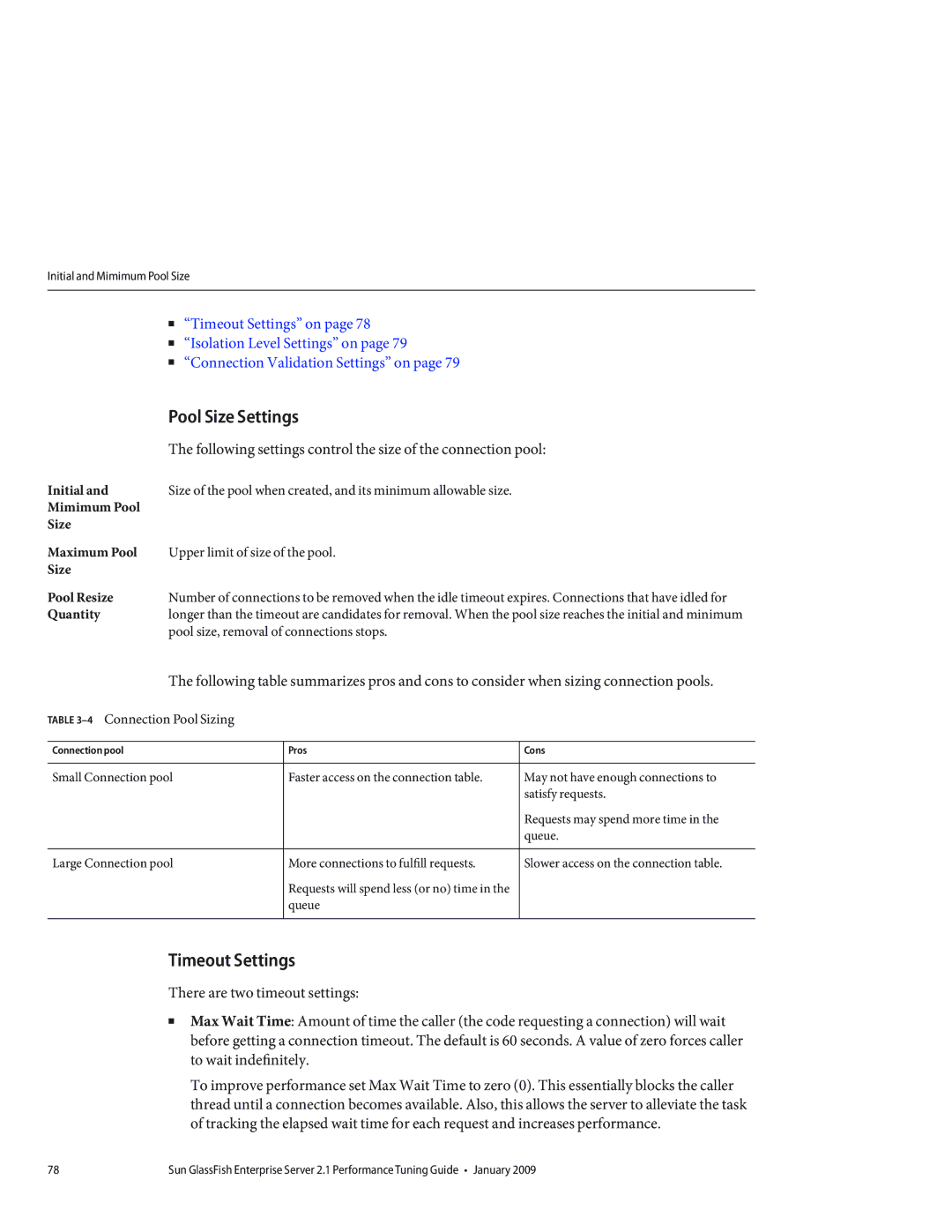 Sun Microsystems 820434310 manual Pool Size Settings, Timeout Settings, 4Connection Pool Sizing 