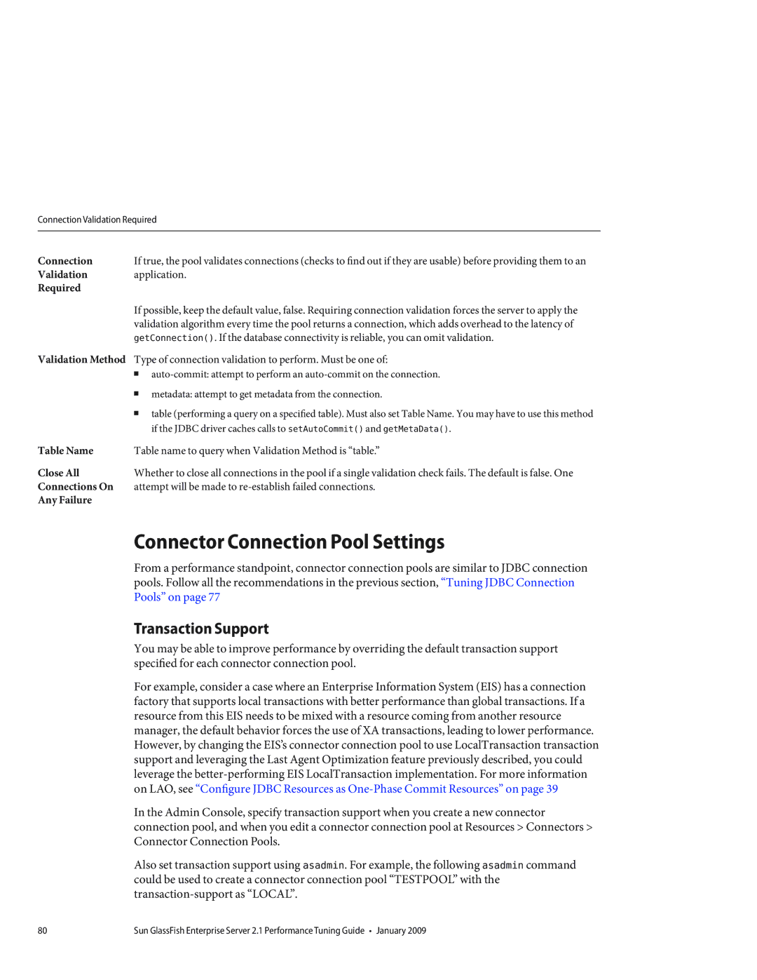 Sun Microsystems 820434310 manual Connector Connection Pool Settings, Transaction Support 