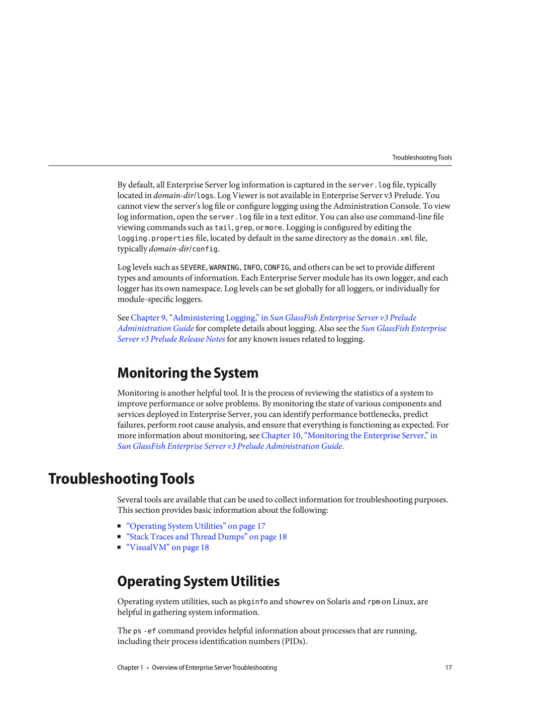 Sun Microsystems 820682310 manual Troubleshooting Tools, Monitoring the System, Operating System Utilities 