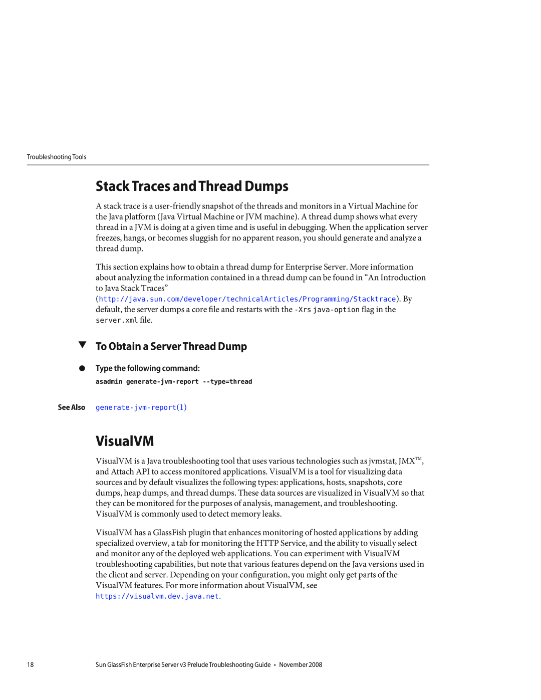 Sun Microsystems 820682310 manual Stack Traces and Thread Dumps, VisualVM, To Obtain a Server Thread Dump 
