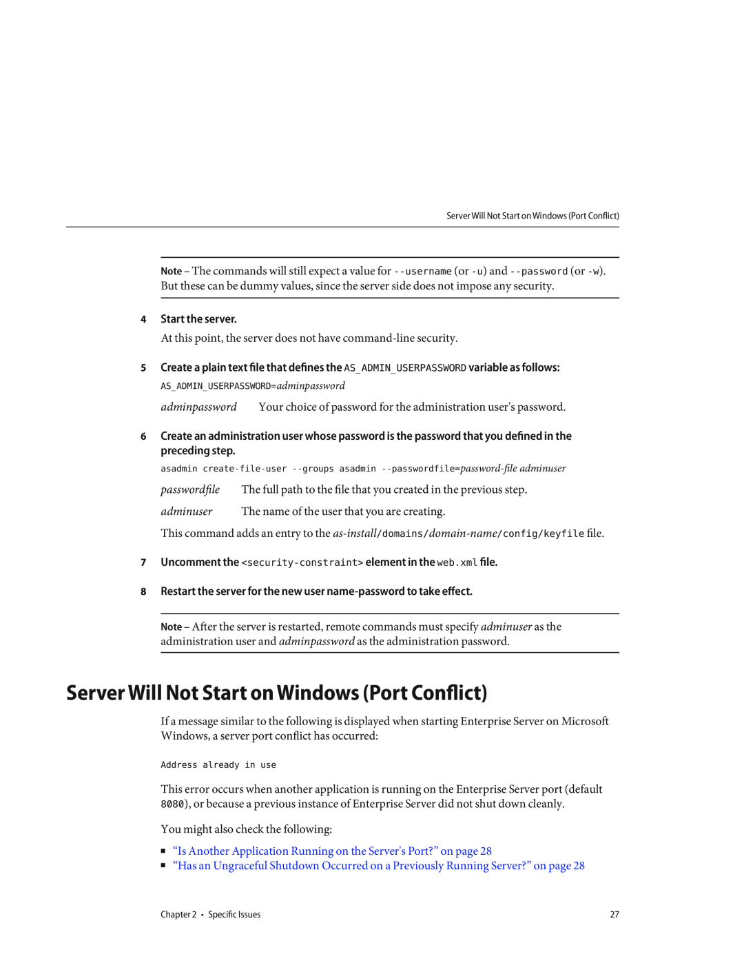 Sun Microsystems 820682310 manual Server Will Not Start on Windows Port Conflict, Start the server 