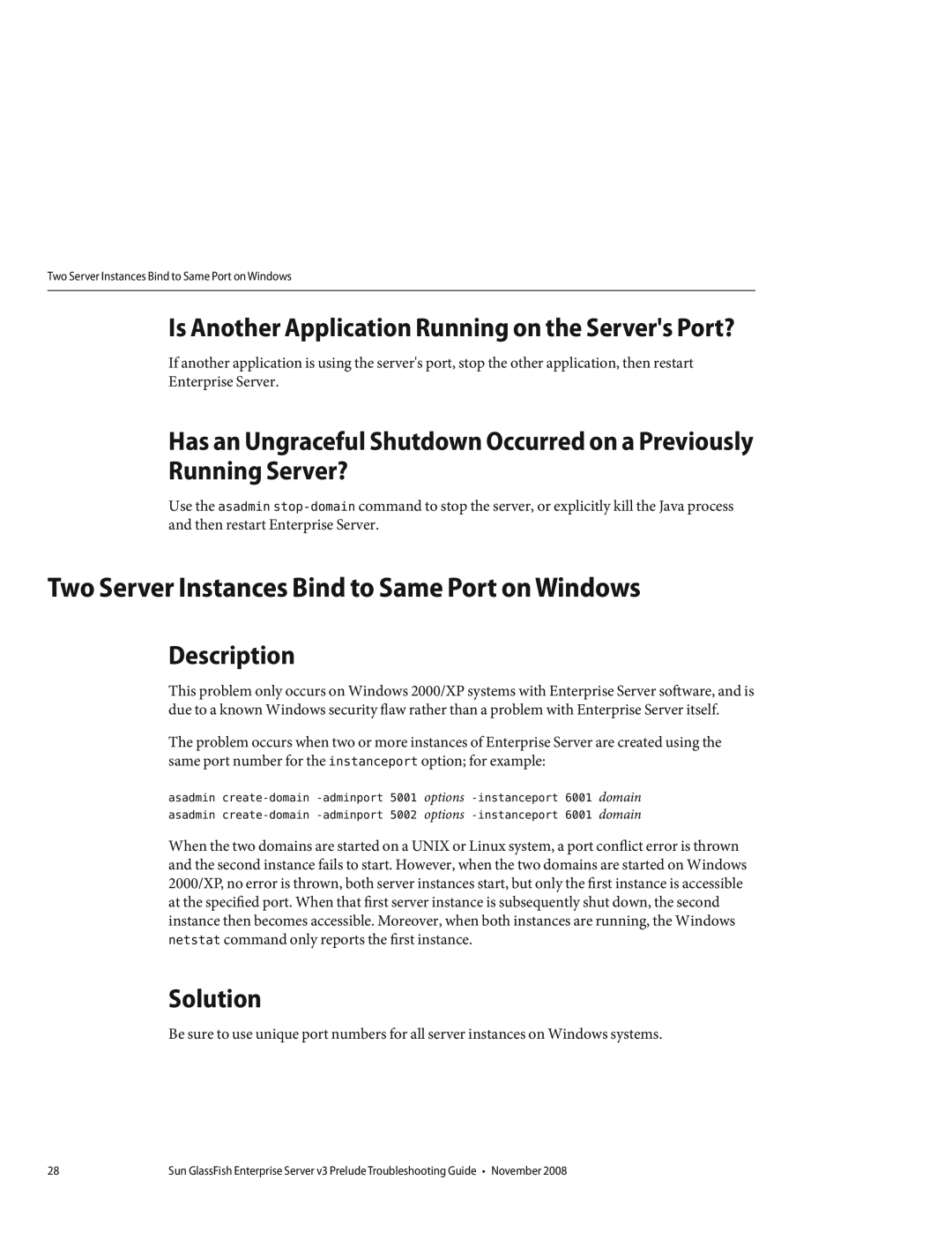 Sun Microsystems 820682310 manual Two Server Instances Bind to Same Port on Windows, Description, Solution 