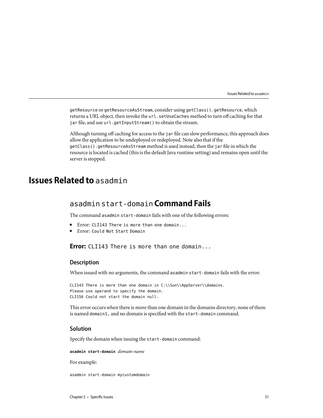 Sun Microsystems 820682310 manual Issues Related to asadmin, asadmin start-domain Command Fails, Description, Solution 