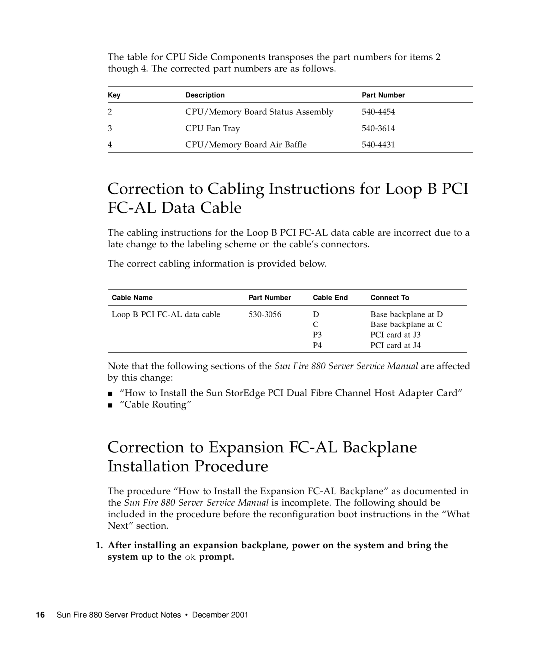 Sun Microsystems 880 manual Key Description Part Number 