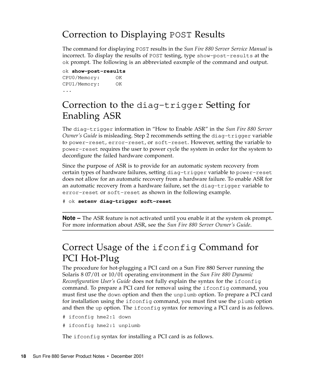 Sun Microsystems 880 manual Correction to Displaying Post Results, Correction to the diag-triggerSetting for Enabling ASR 