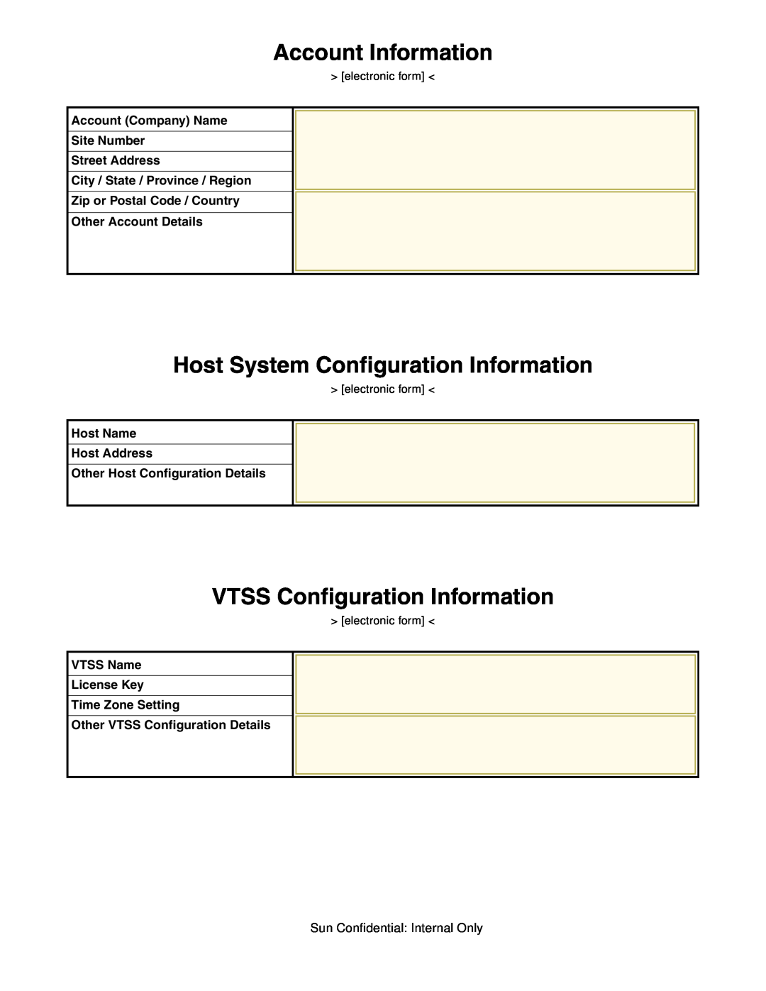 Sun Microsystems 96257 manual Account Information, Host System Configuration Information, VTSS Configuration Information 